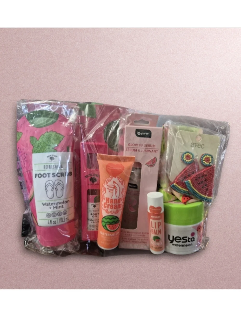 Watermelon Self Care Gift 10pc Set- Hand Cream, Foot Scrub, Glow Serum etc & Bag